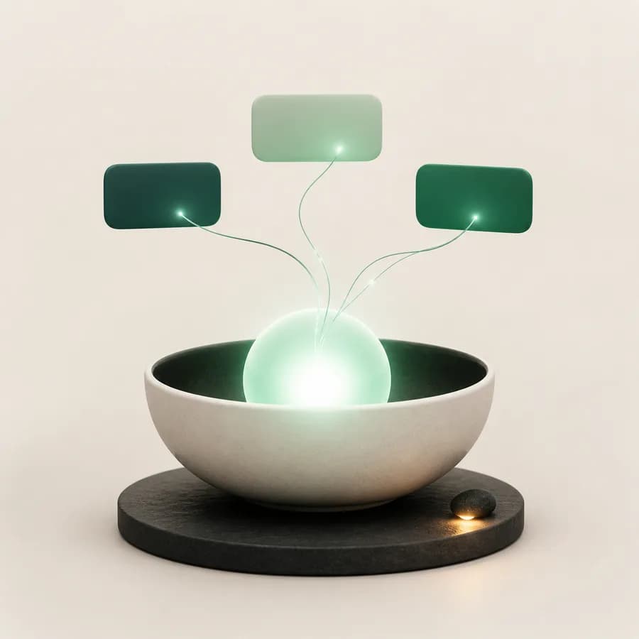 Une sphère lumineuse dans un bol lit trois messages qui flottent